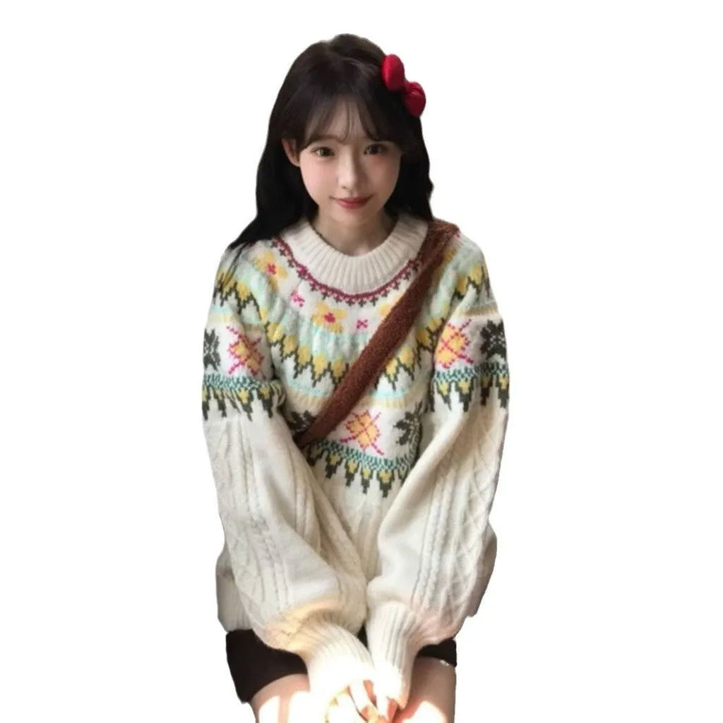 Women's milky white mori knitwear pullover sweater with lantern sleeves and loose fit
