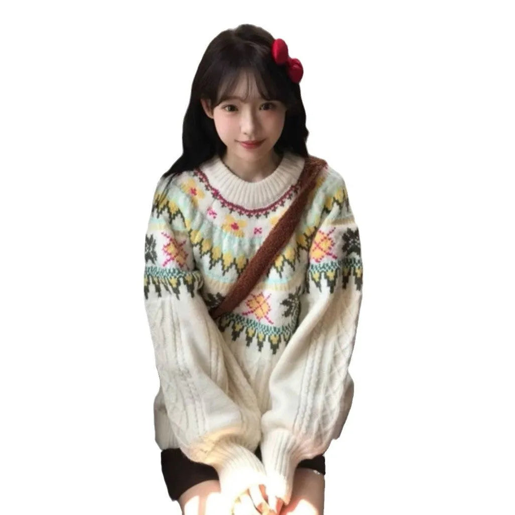 Women's milky white mori knitwear pullover sweater with lantern sleeves and loose fit