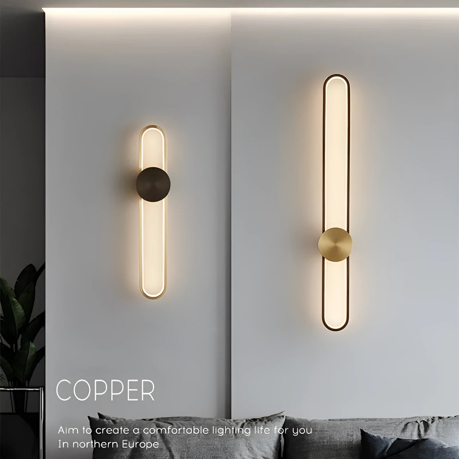 Round 60cm minimalist wall lamp with iron shade in black or gold frame finish