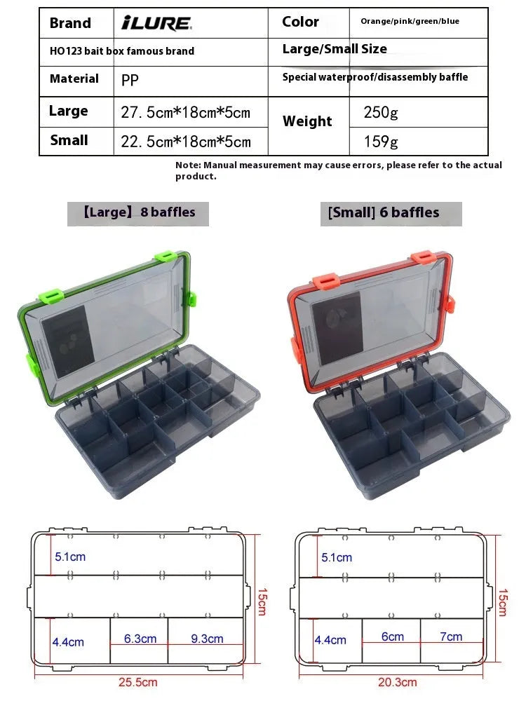 Luya fishing lure bait storage box in durable clear plastic, shown in blue, green, orange, and pink colour options.