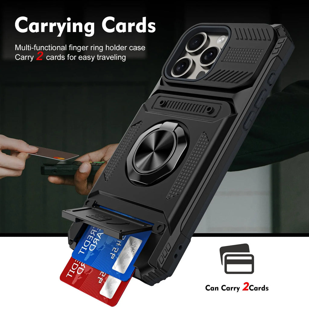 Drop-resistant phone case with hidden card slot and built-in bracket in black for iPhone