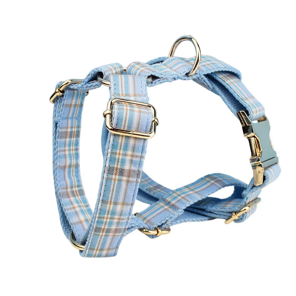 Sky blue grid forest pattern dog collar set with leash, bow, and vest for special occasions