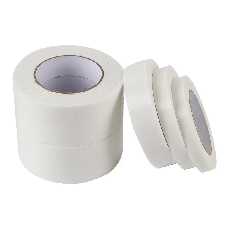 Roll of 3mm thick foam double-sided adhesive tape showing sponge core, with size options 15mm, 18mm, and 30mm wide.