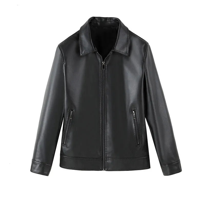 Men's black PU leather casual jacket with zipper pockets and loose fit design