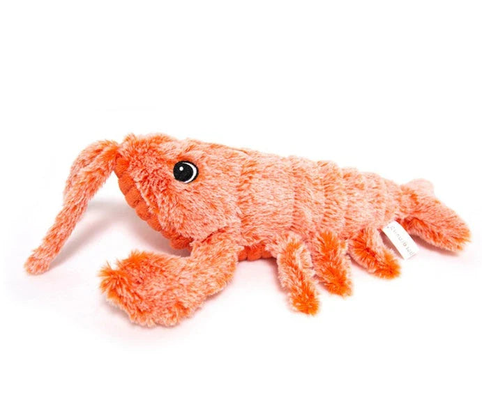 USB rechargeable jumping lobster cat toy with motion-activated swaying and flipping action, made of soft plush fabrics