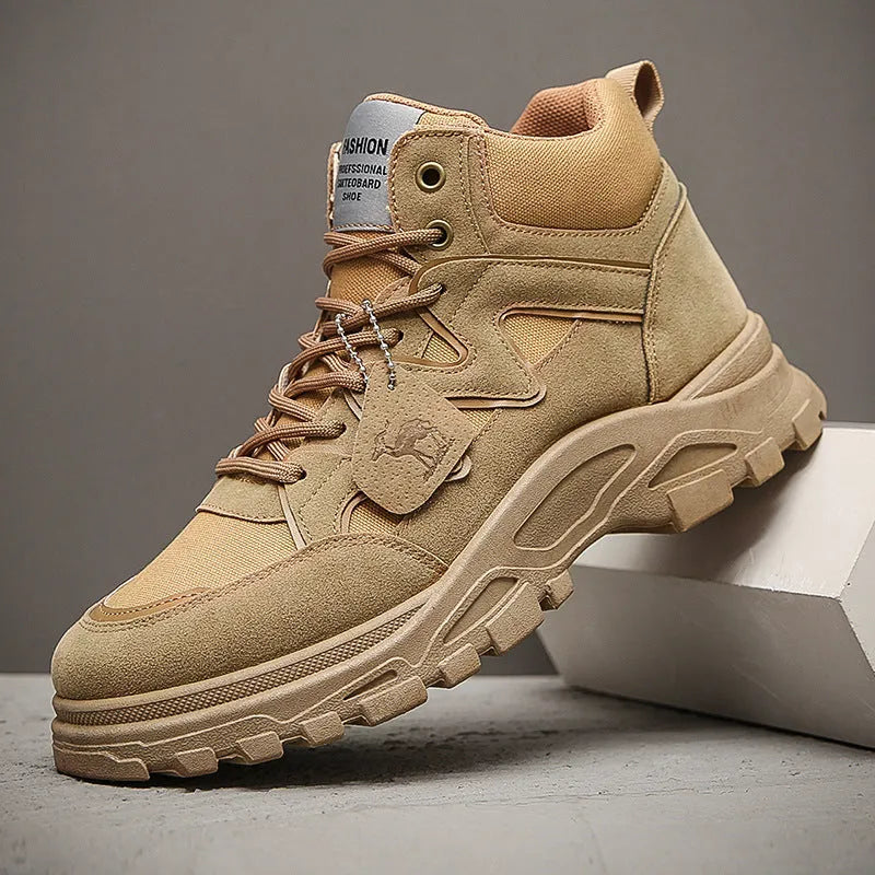 Men's high-top casual shoes with thick sole, mid heel 3-5cm, artificial PU upper, cotton lining, front lace-up, black khaki beige brown.