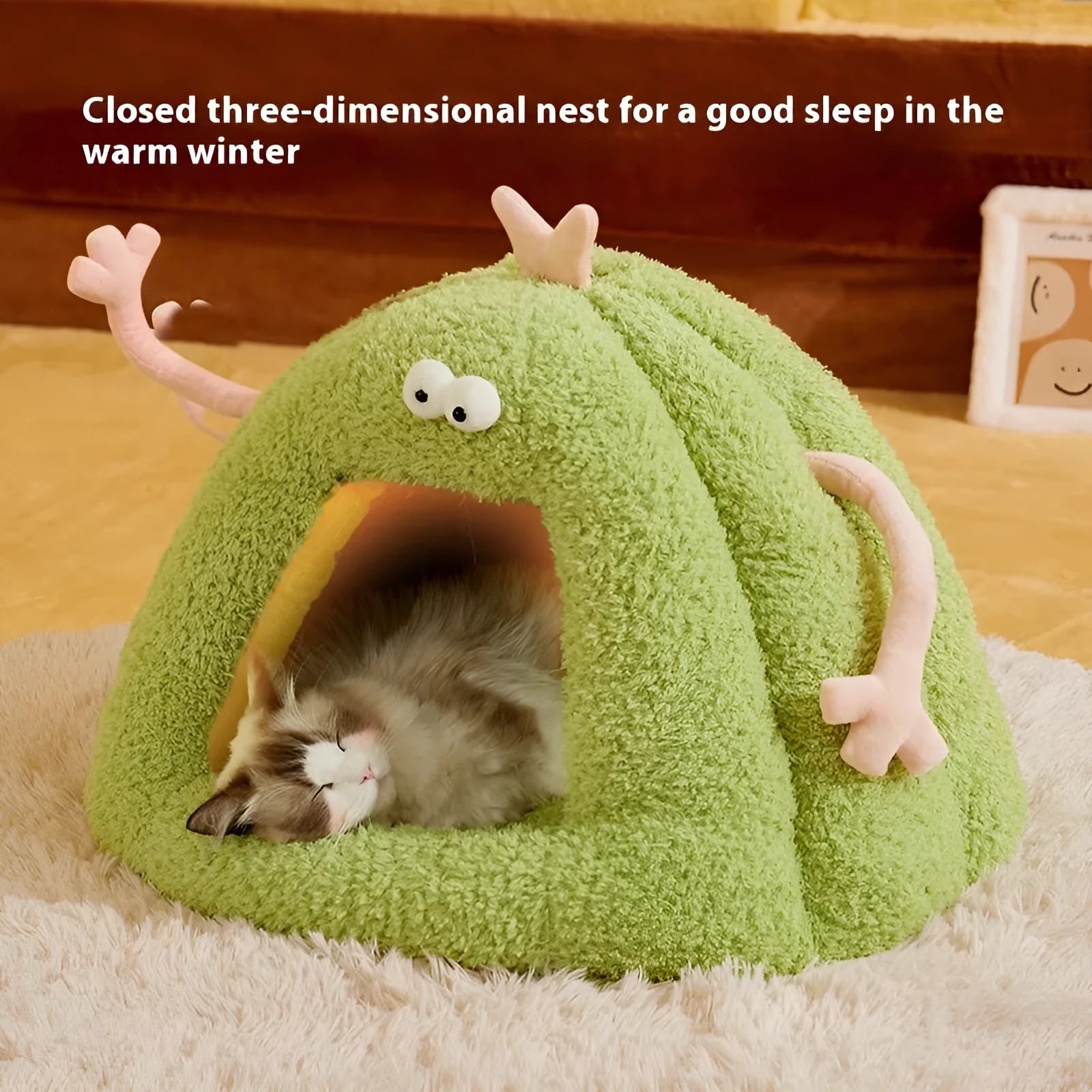 Monster-shaped semi-enclosed cat kennel bed with removable cushion in yellow, purple, or green colours