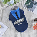 Red or blue thick cotton V-neck dog coat shown in sizes from XS to 3L for winter wear.