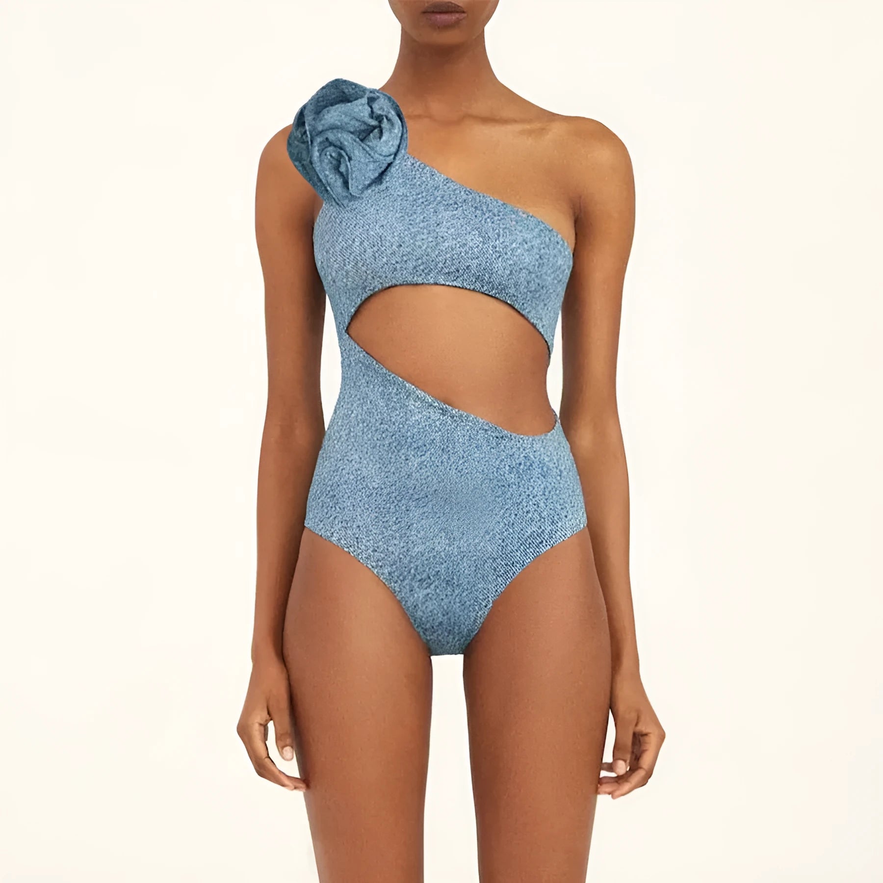 Women's one-shoulder cowboy print one-piece swimsuit with hollow-out detailing.