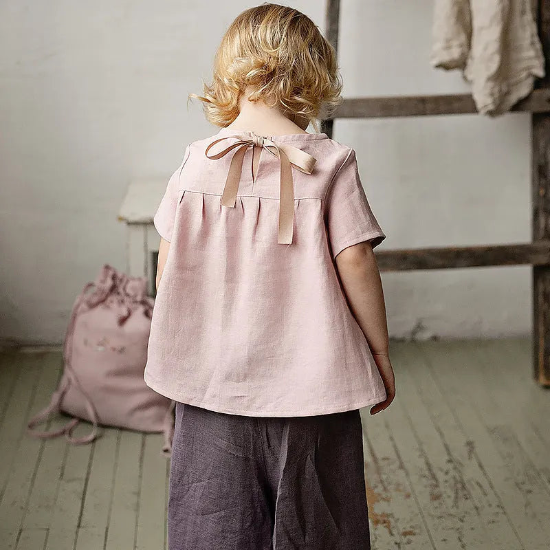 Mori style cotton and linen blend short-sleeved t-shirt for girls, solid colour, available in white apricot pink, sizes 90-130cm