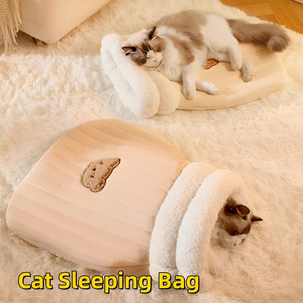 PP cotton fleece pet sleeping bag nest in light brown with bear pattern and 3D entrance