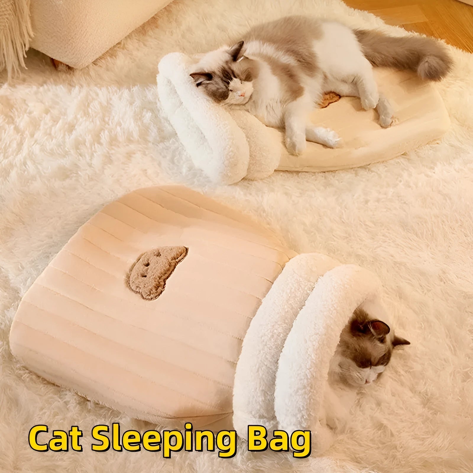 PP cotton fleece pet sleeping bag nest in light brown with bear pattern and 3D entrance