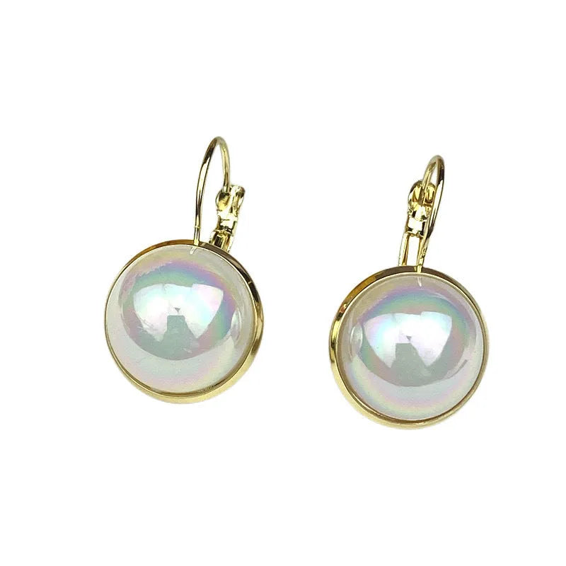 Geometric round mermaid pearl ear clips with colourful electroplated finish and anti-lost design