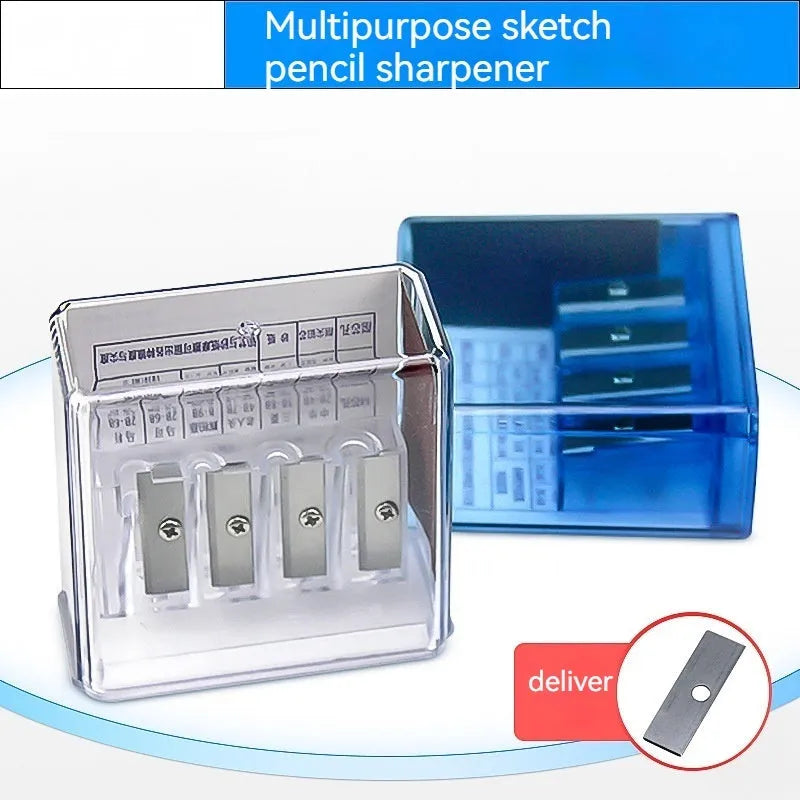 Four-hole pencil sharpener with geometric plastic design and replaceable blade system