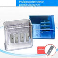 Four-hole pencil sharpener with geometric plastic design and replaceable blade system