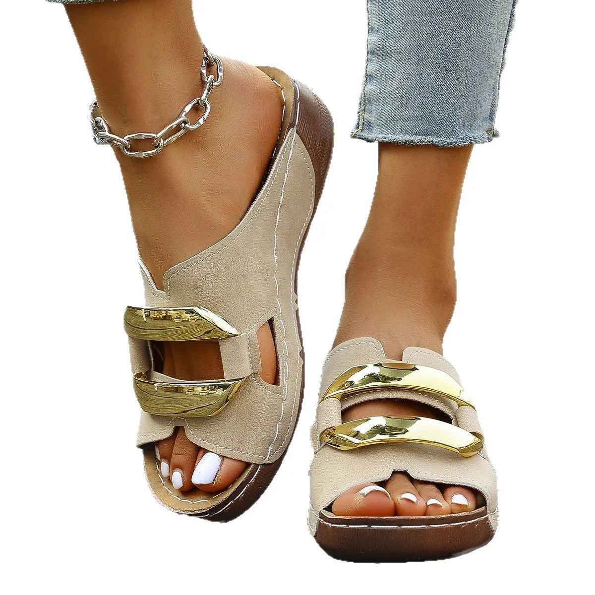 Men's Roman style platform sandals in artificial PU, showing flat rubber sole and metal detail.