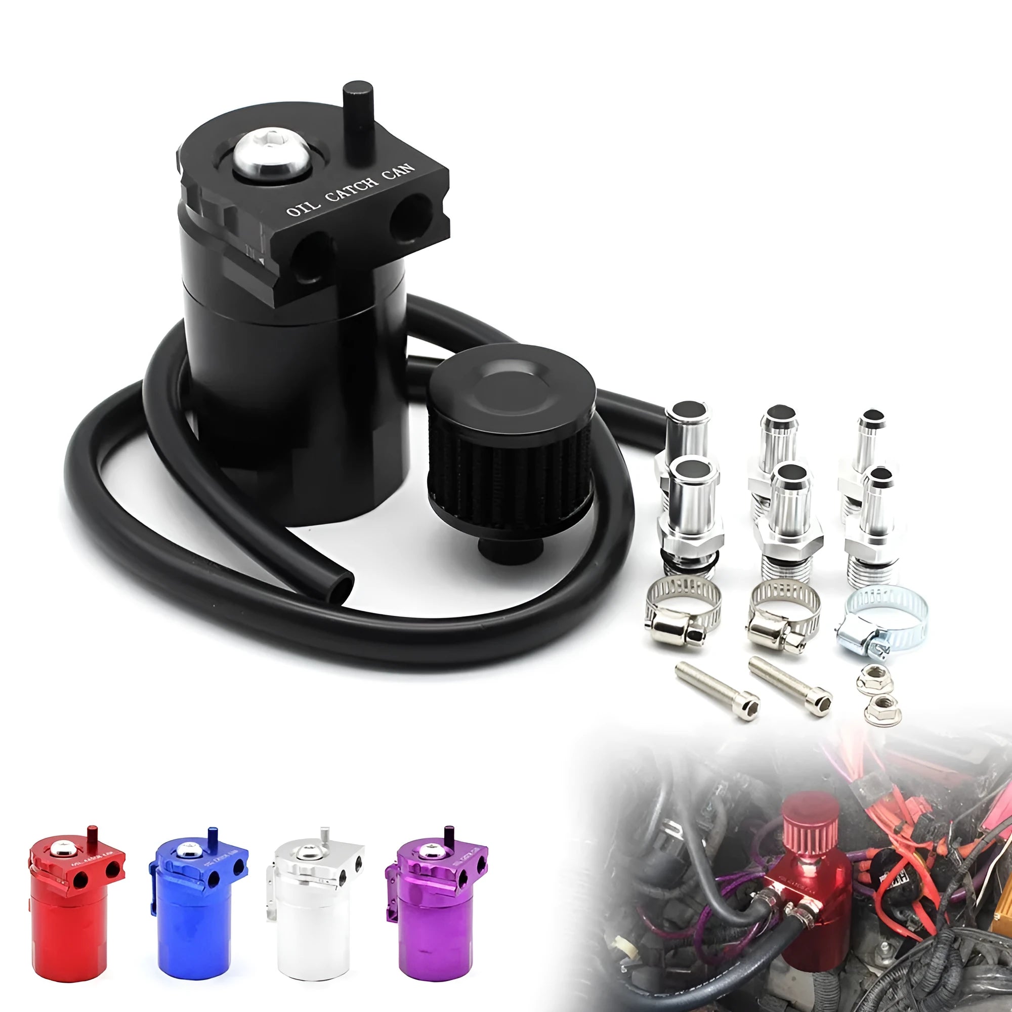 Aluminium car engine oil breather pot in choice of black, blue, red, or silver colours.
