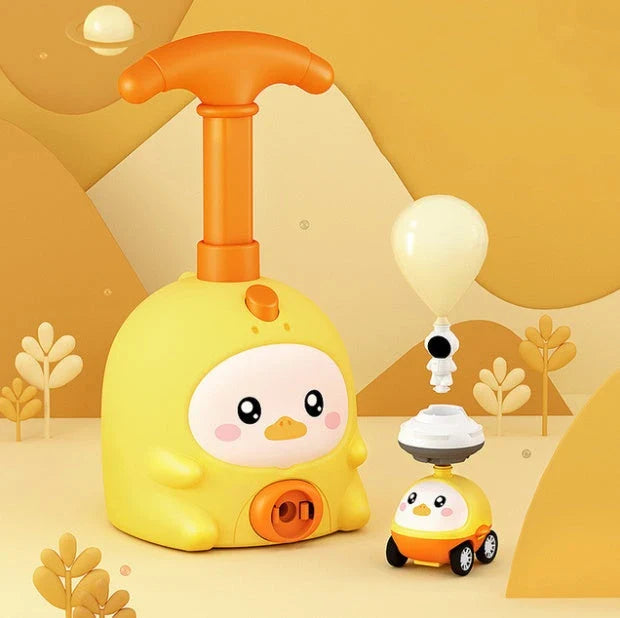 Colorful balloon-powered car toy with various animal designs, featuring a launch tower and balloons for children to propel the car using air power