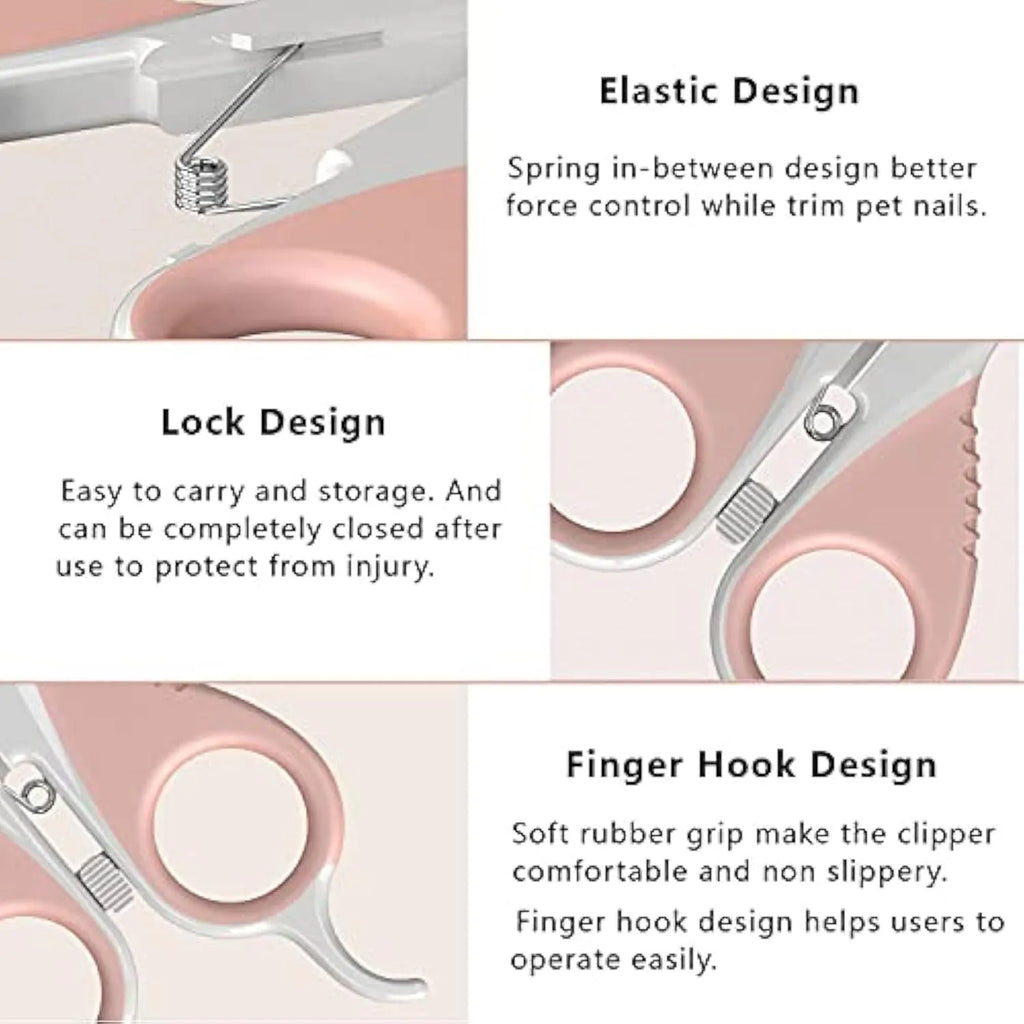 Grey and pink angled stainless steel cat nail clippers with safety lock for small pets.