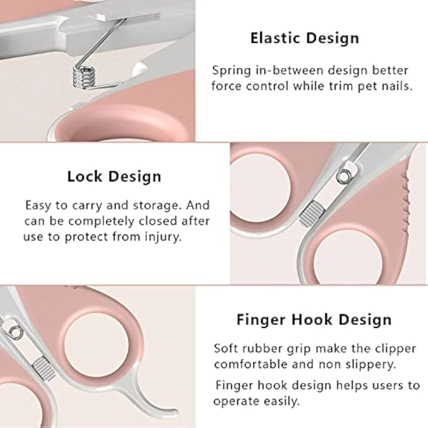 Grey and pink angled stainless steel cat nail clippers with safety lock for small pets.