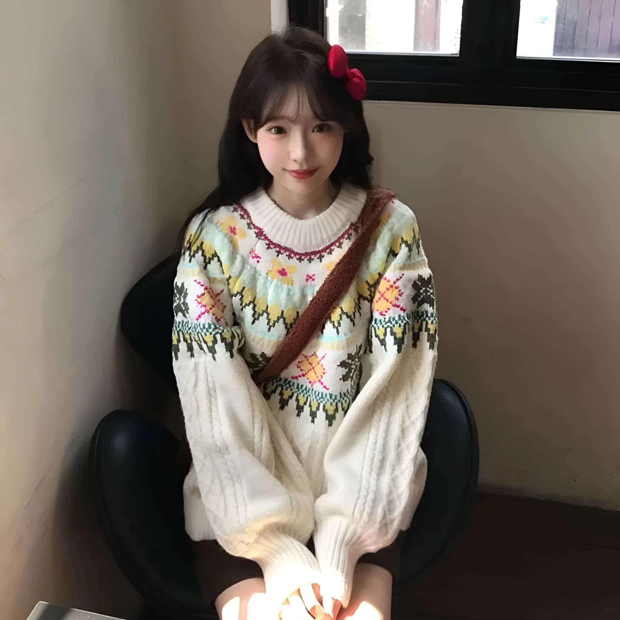 Women's milky white mori knitwear pullover sweater with lantern sleeves and loose fit