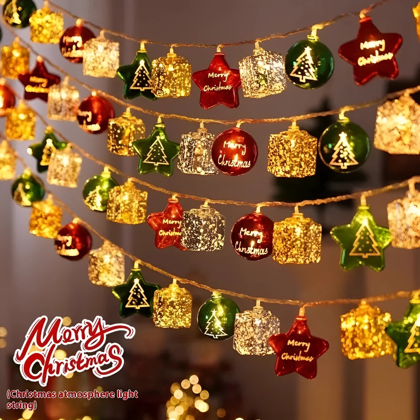 Electroplated ball fairy lights with heart-shaped metallic ornaments for Christmas tree decoration