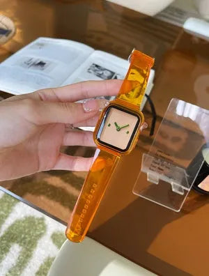 Brown transparent compatible Apple Watch replacement strap shown next to size options for 38mm to 45mm iWatch models.