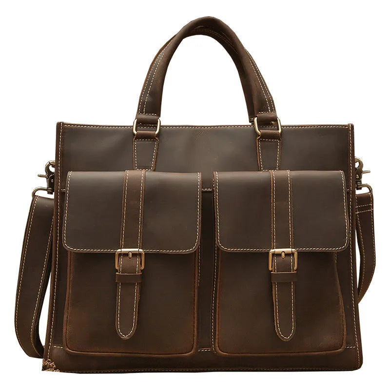 Handmade vintage dark brown top layer cowhide men's briefcase with 15-inch laptop slot and internal pockets