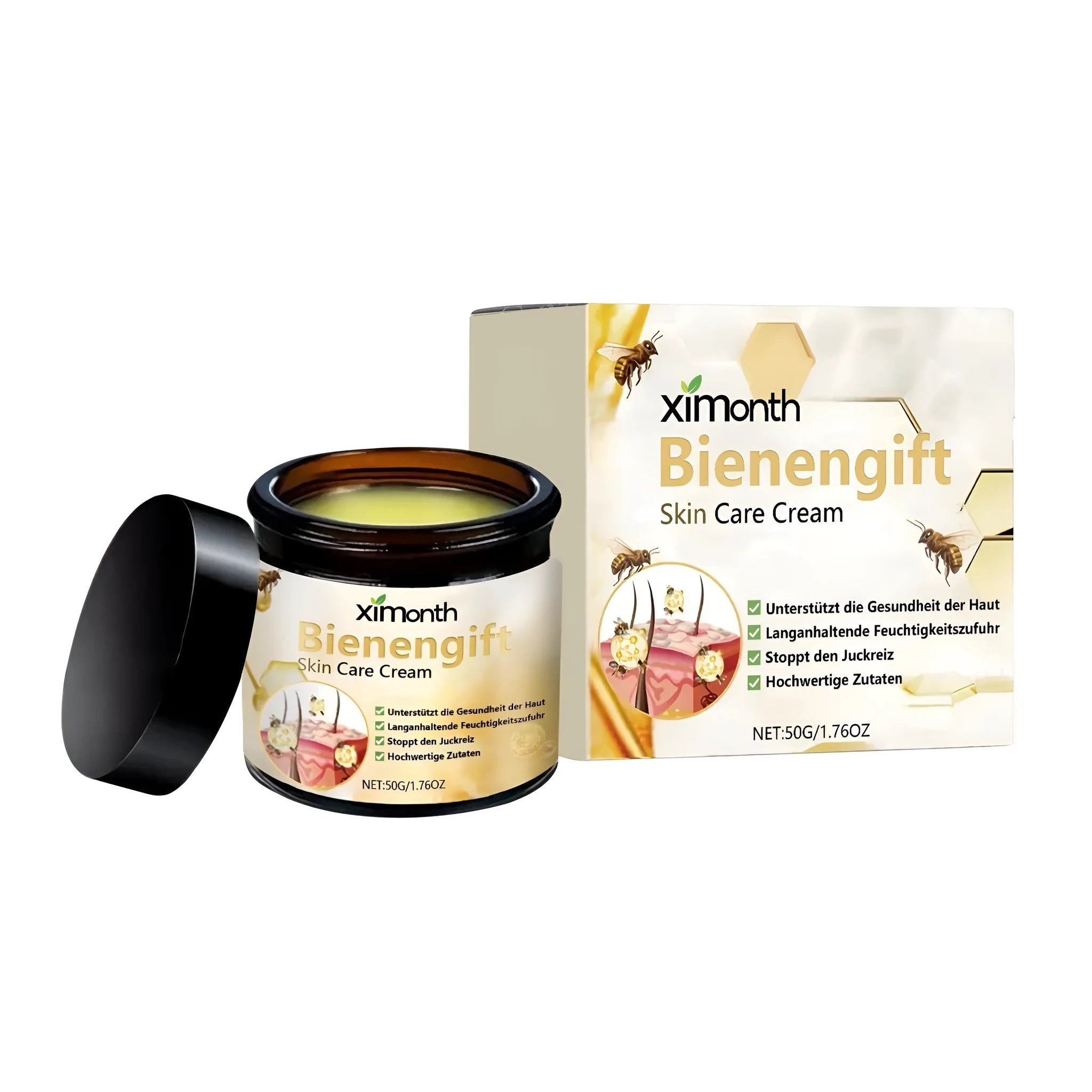 50g container of skin care cream with mint, bee venom, tea tree oil, licorice and shea butter