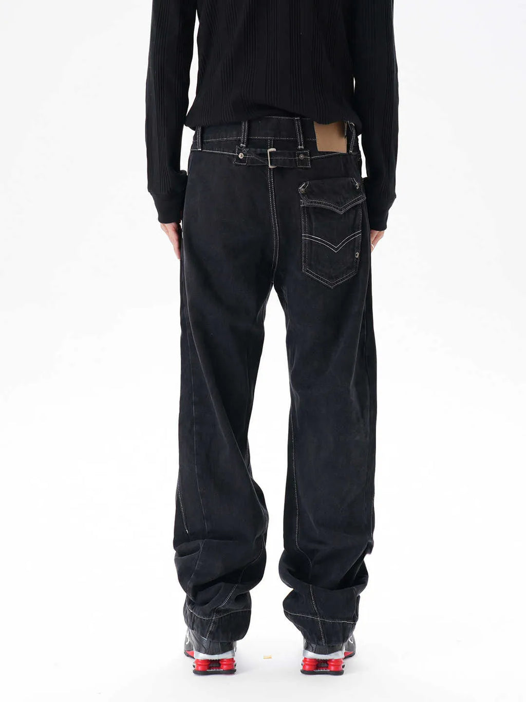 Black contrast colour loose machete denim jeans for men, wide leg trousers with zipper fly
