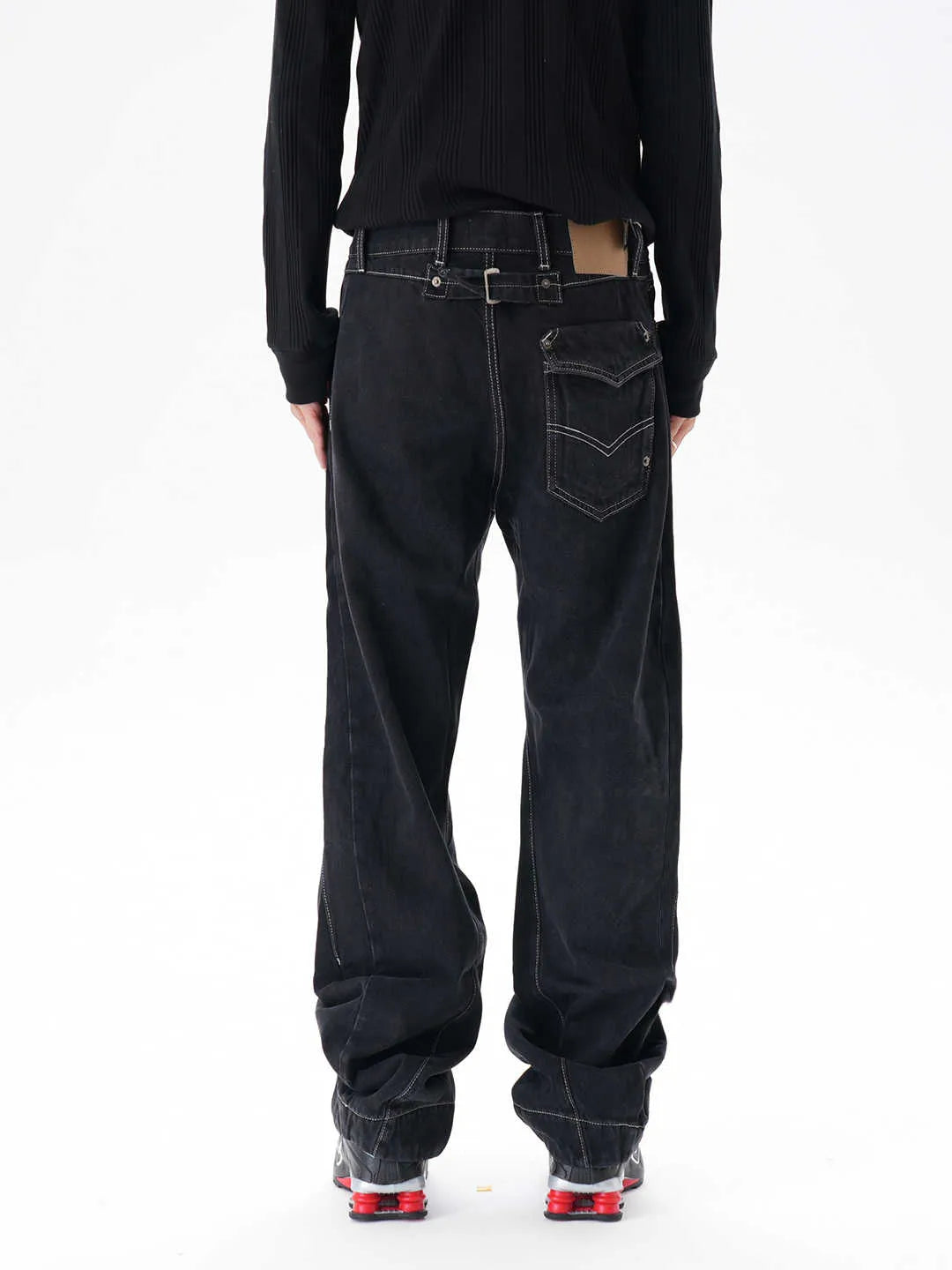 Black contrast colour loose machete denim jeans for men, wide leg trousers with zipper fly