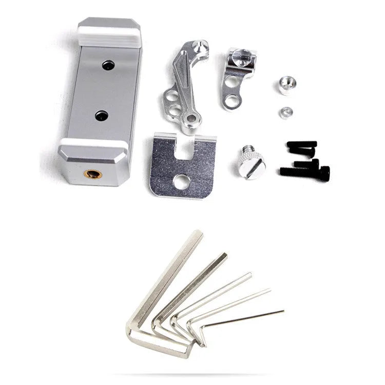 Silver metal universal phone holder with clip and lanyard for car model remote control accessories.
