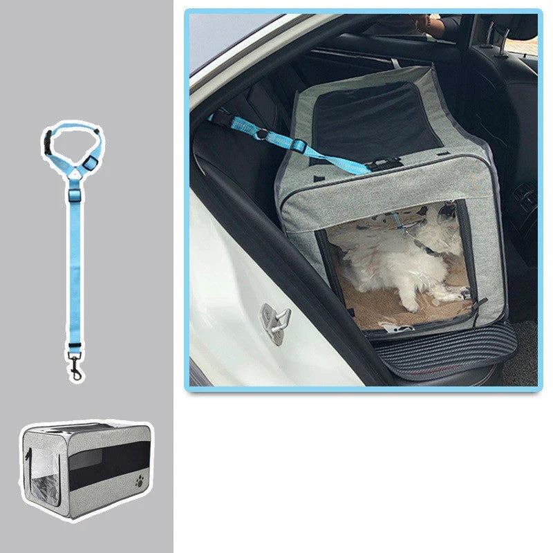 Plush pet travel carrier in various colors with safety features like seatbelt straps and a removable, washable pad