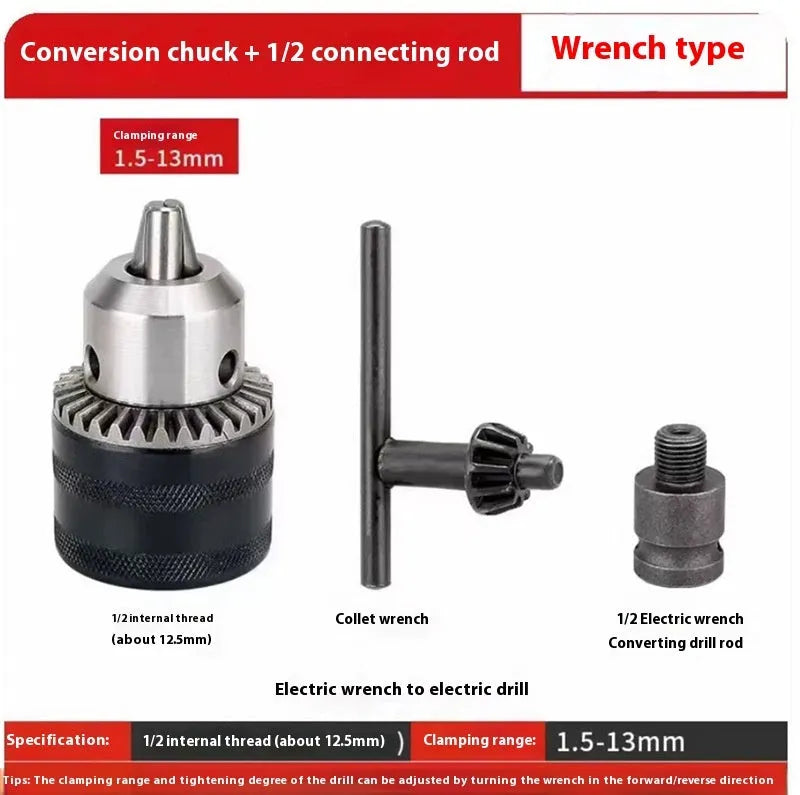 Steel three-jaw chuck converter with threaded interface for rechargeable wrench, 1.5-13mm clamping