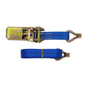 Steel ratchet tensioner tool with a black polyester strap and double metal hooks for securing cargo.