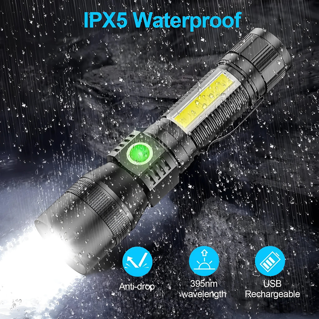 Multifunctional aluminium alloy USB rechargeable flashlight with strong light focus and magnet