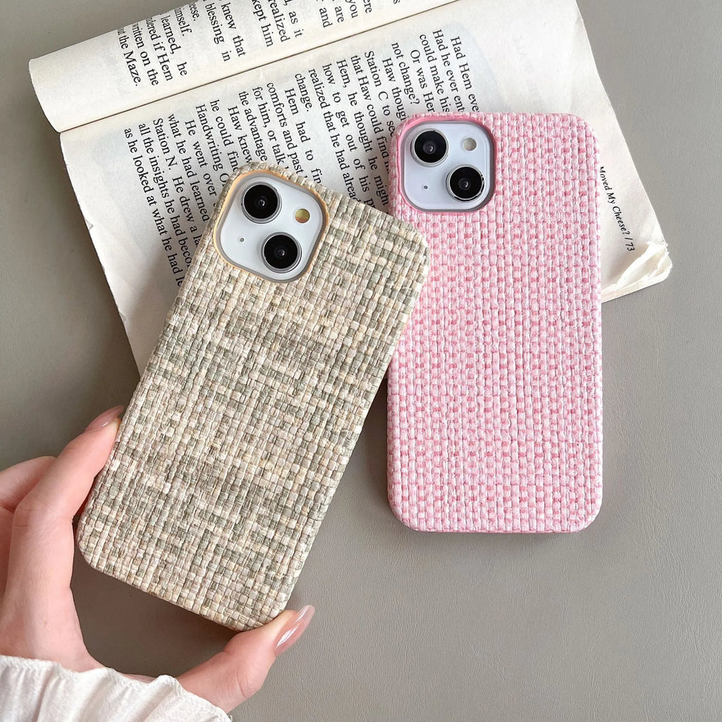 Hand-woven plaid TPU phone case in pink, shown on iPhone, with textured grip pattern and all-inclusive edges.