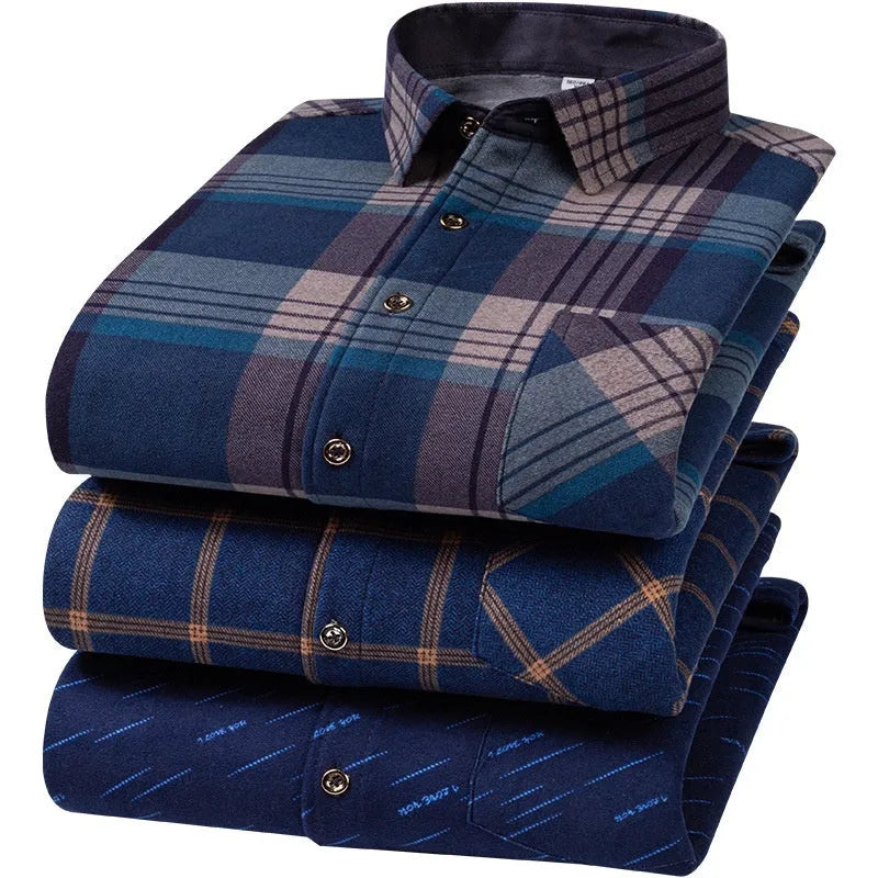 Men's long sleeve fleece-lined thick casual shirt with plaid pattern in cardigan style