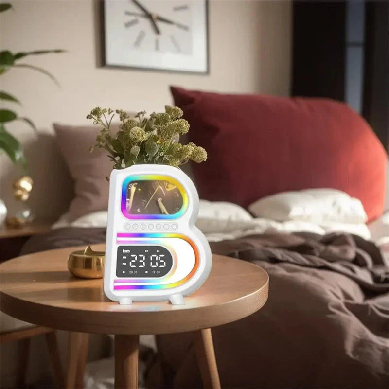 B-shaped Bluetooth desk lamp with wireless charging, adjustable lighting, and alarm clock features