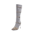 Grey and black women's knee high stiletto boots with a 9cm thin heel and velvet lining