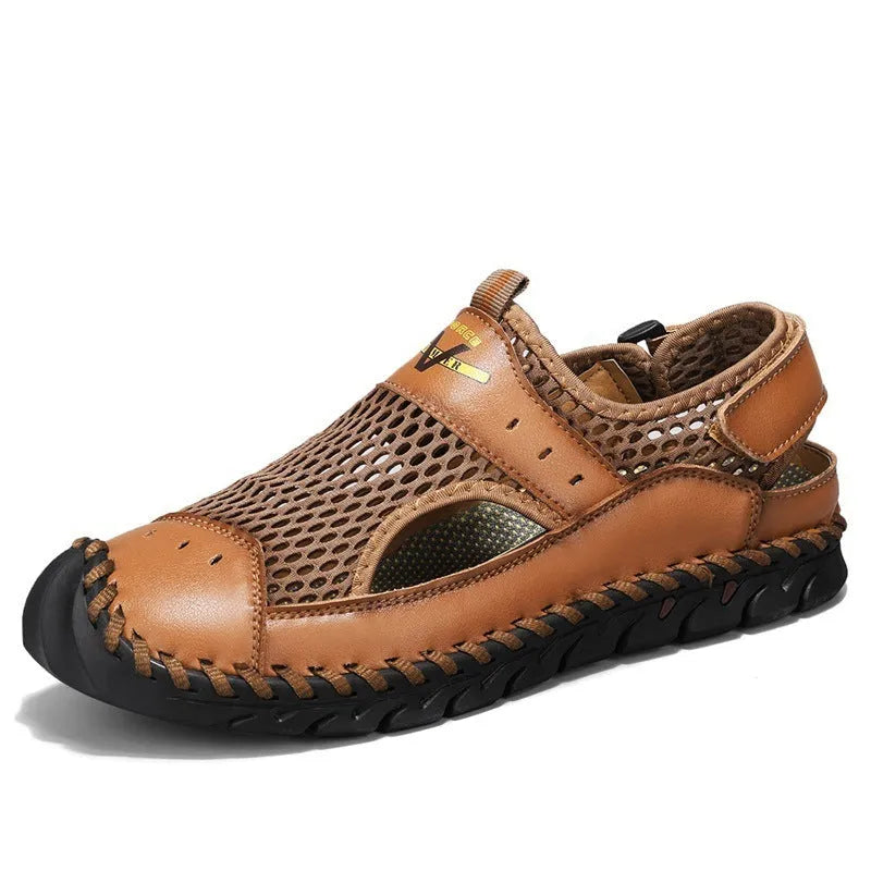 Men's brown leather casual sneakers with mesh panels and an elastic band across the instep.