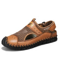 Men's brown leather casual sneakers with mesh panels and an elastic band across the instep.