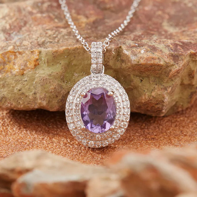 Women's 925 sterling silver necklace with natural citrine gemstone in crystal inlay elliptical pendant on cross chain