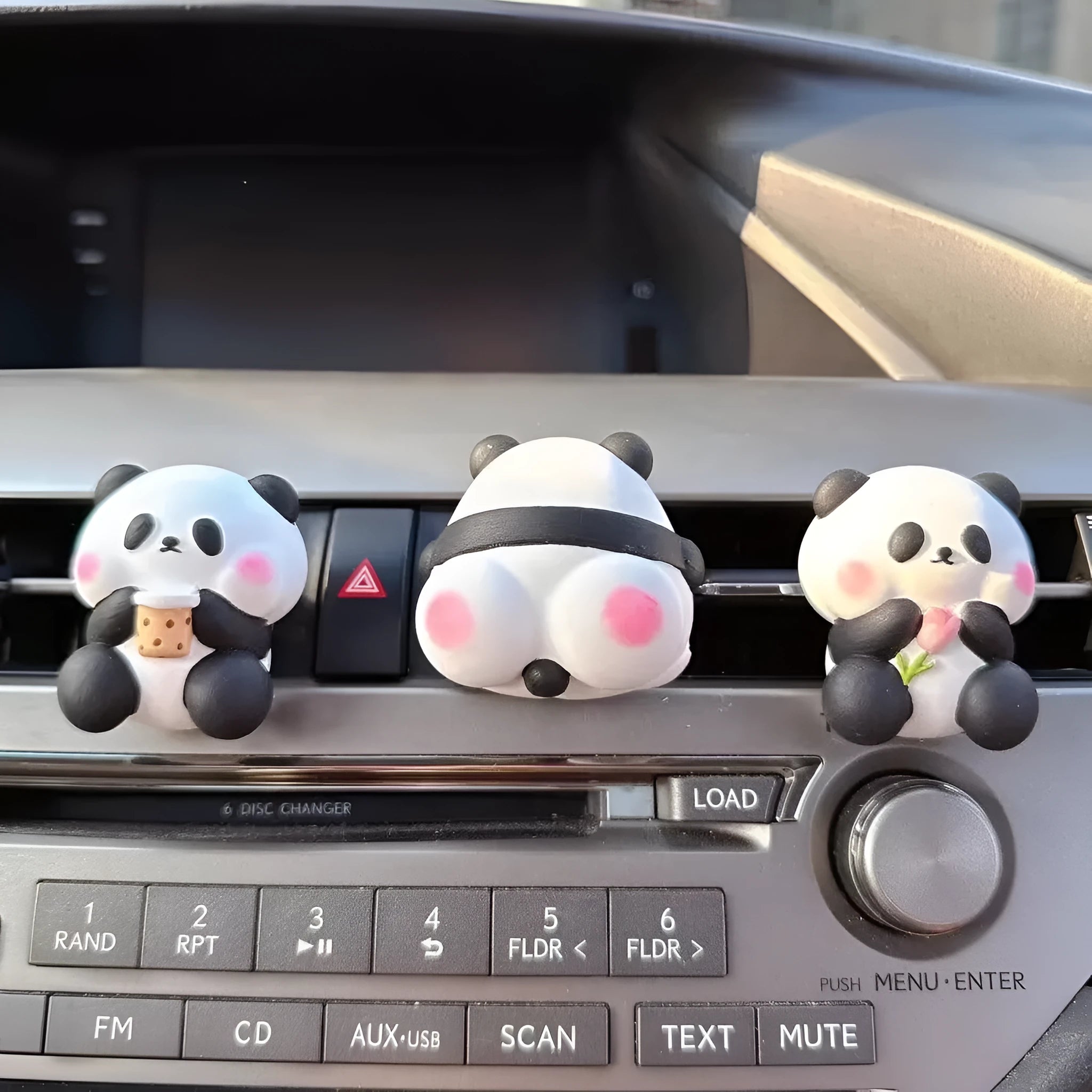 Cute panda car vent perfume decoration clip in milk tea, flower, or back panda style.