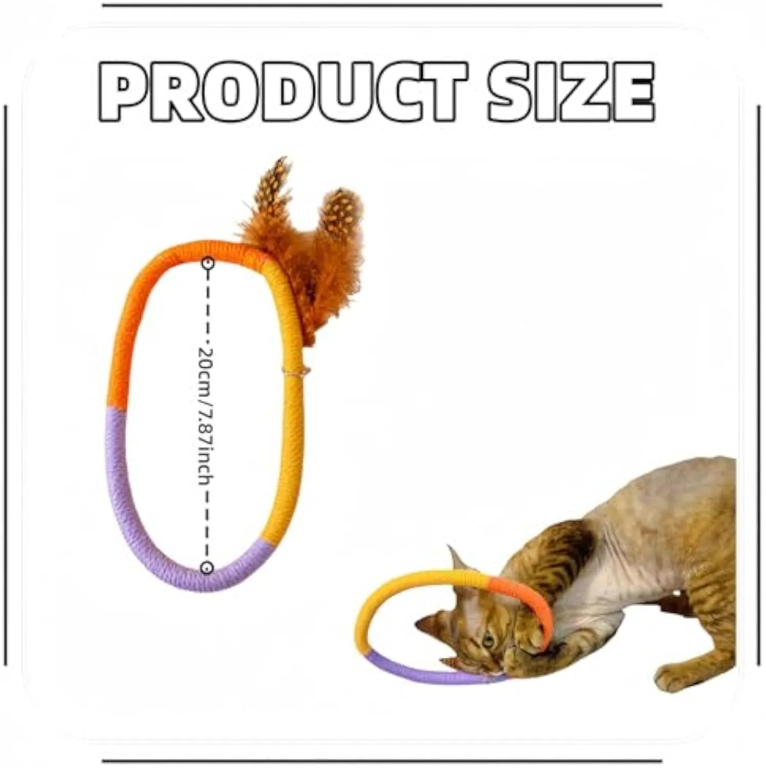 Green circular cotton rope cat toy with feathers and catnip for dental cleaning and interactive play