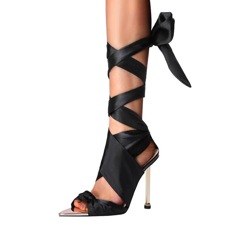 Lace-up open toe pointed high heels in black with first layer cowhide upper and rubber sole