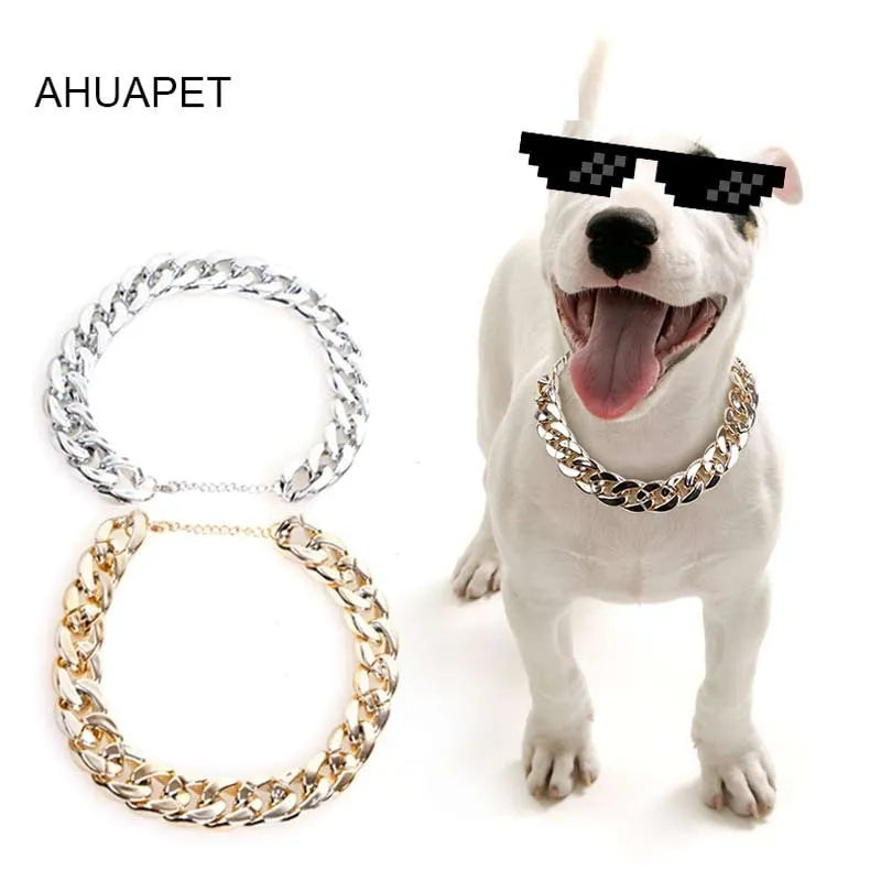 Geometric twisted chain dog collar with buckle on a white background, shown in gold colour options.