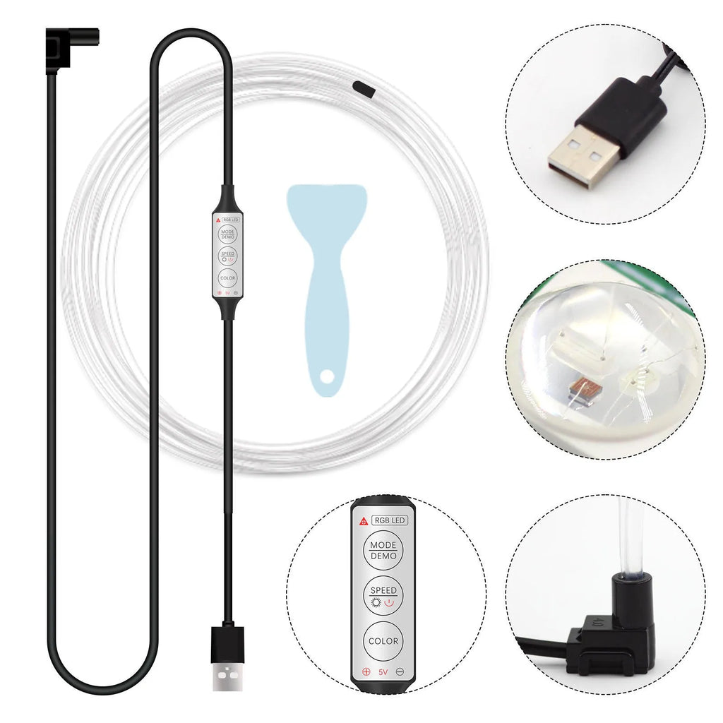 USB-powered RGB LED underglow light strip for cars with manual remote control, showing multicolour illumination.