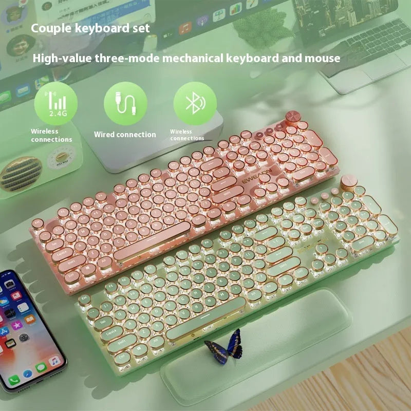 Matcha green 87-key mechanical gaming keyboard with aluminium frame and white backlighting on a desk.