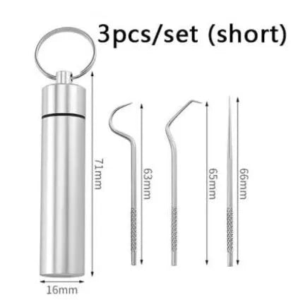 304 stainless steel toothpick set 7 pieces short and long teeth cleaning tool with dental floss stick in white cylinder